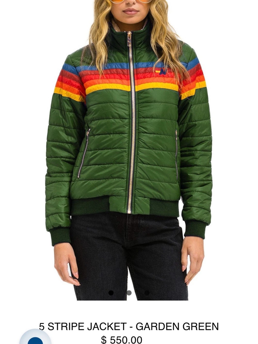 Aviator Nation Green Puffer Jacket with Rainbow Shoulder Stripes